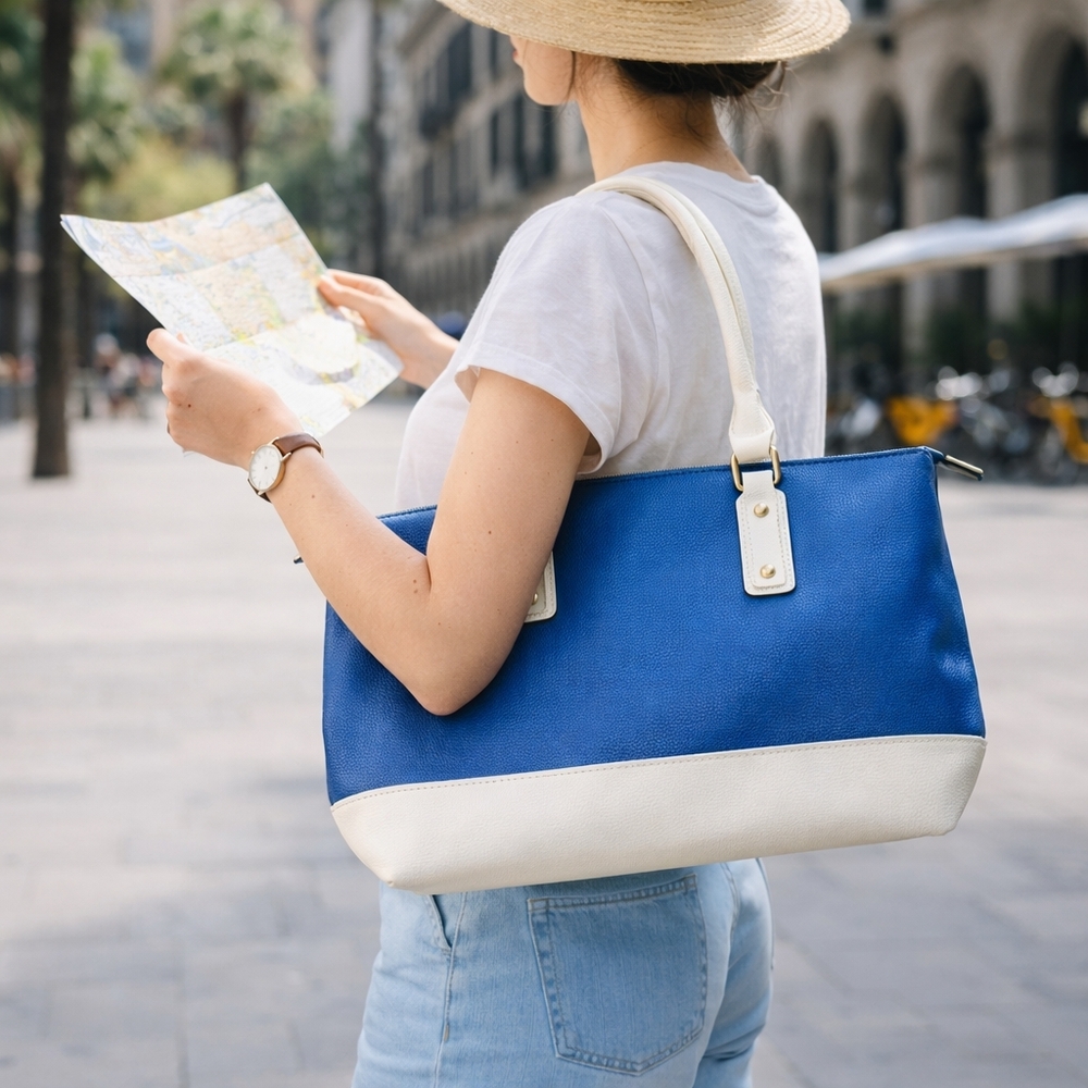 Heys Blue White Colorblock Satchel Tote Bag Top Handle Work Purse Resort
